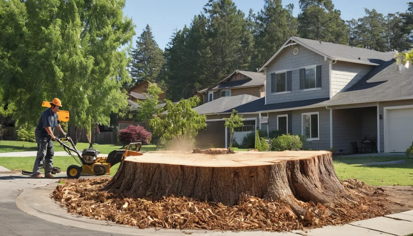 Stump grinder cutting down a tree stump in a residential yard in West Jordan